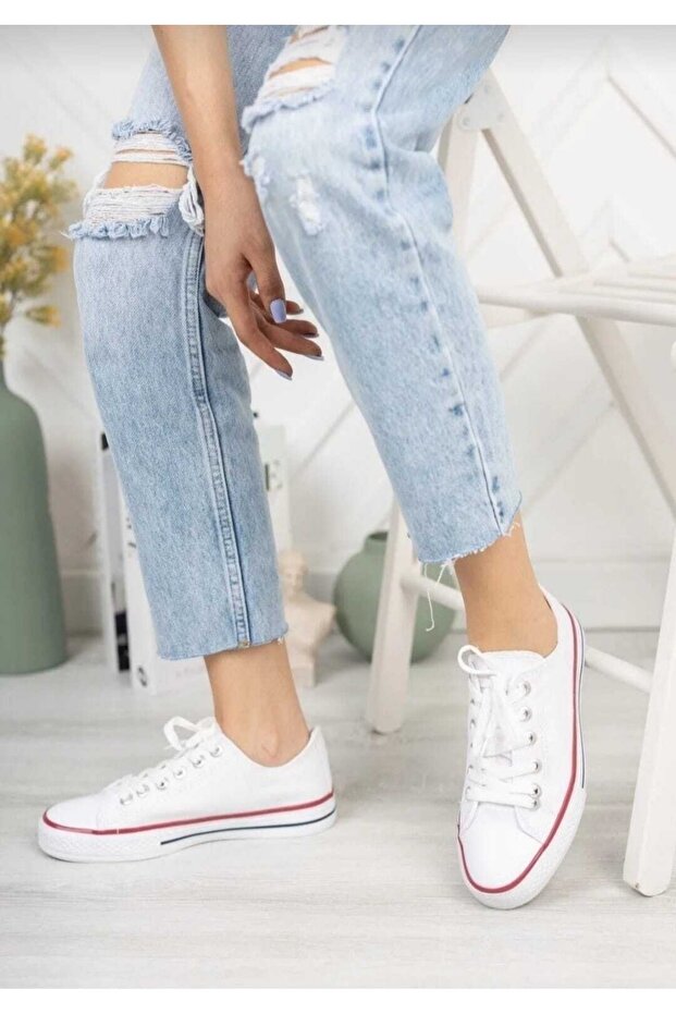 ibrahim müslü Unisex Kısa Beyaz Keten Sneaker