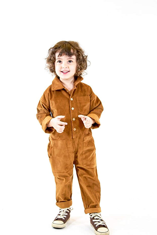 Camel Velvet Collared Jumpsuit with 3 Pockets