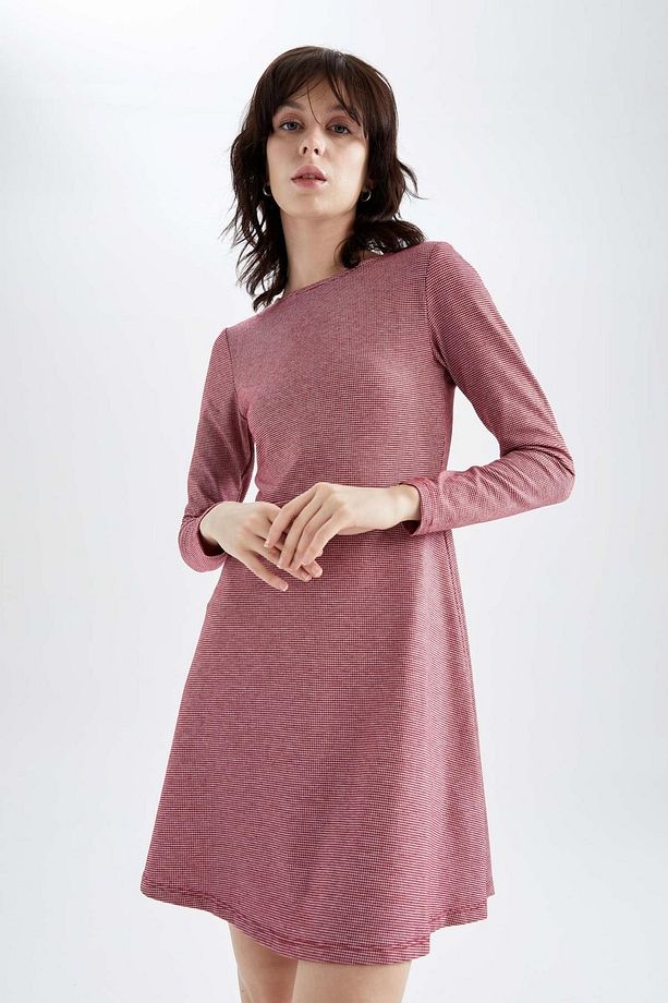 Regular Fit Bisiklet Yaka Kareli Mini Uzun Kollu Elbise - 5
