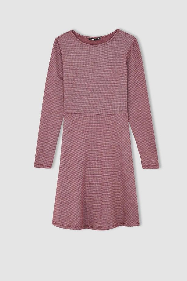 Regular Fit Bisiklet Yaka Kareli Mini Uzun Kollu Elbise - 8