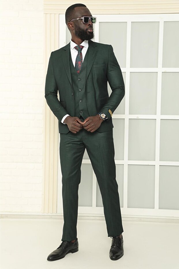 Mono Yaka Tek Düğme Çift Yırtmaç Yelekli Slim Fit Düz Yeşil Takım Elbise - 1
