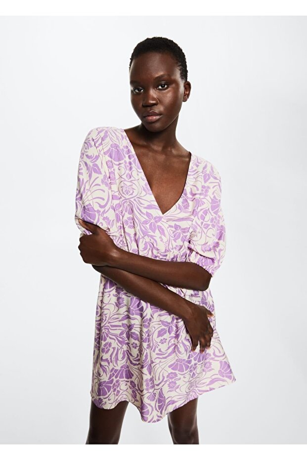 Desenli Dökümlü Elbise - 1