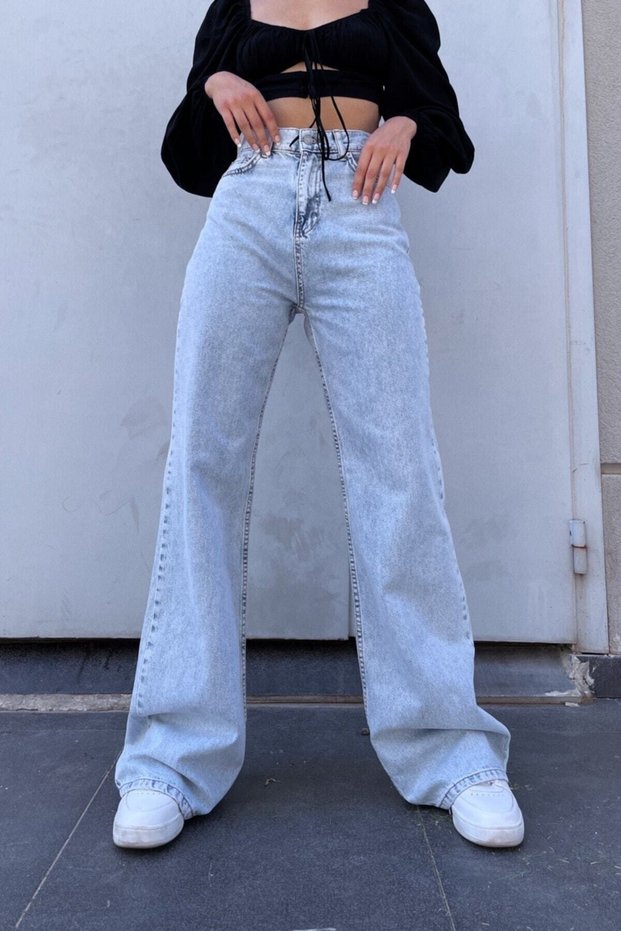 Women's Blue Snow Wash High Waist Wide Leg Denim Loose Jeans - Wide Leg Jeans