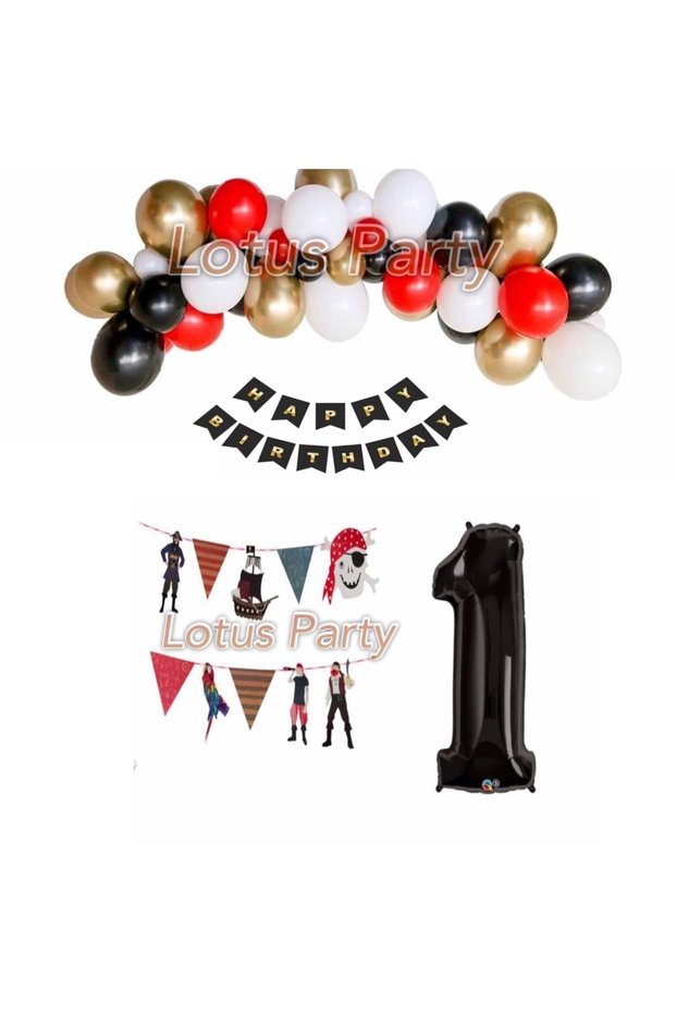 1 Year Old Pirate Themed Balloon Set - Red - Black - Gold - White Balloon Pirate Banner - Black Figure