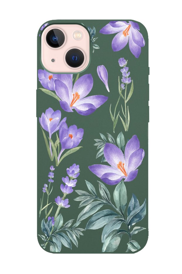 iPhone 14 Plus Dark Green Launch Phone Case with Winter Flower Design