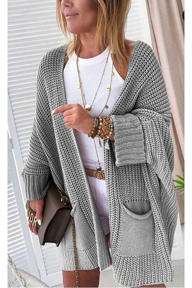 Oversize Light Gray Women's Long Pocket Knitwear Cardigan