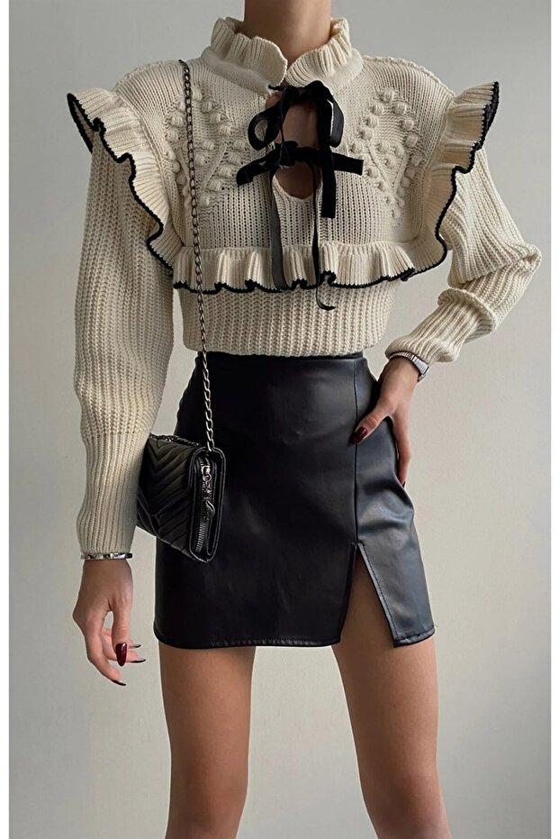 Pullover mit Schleife für Damen – Rüschen Ecru - 1