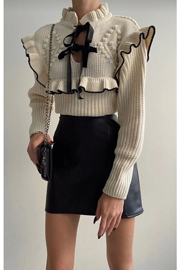 Pullover mit Schleife für Damen – Rüschen Ecru - 2