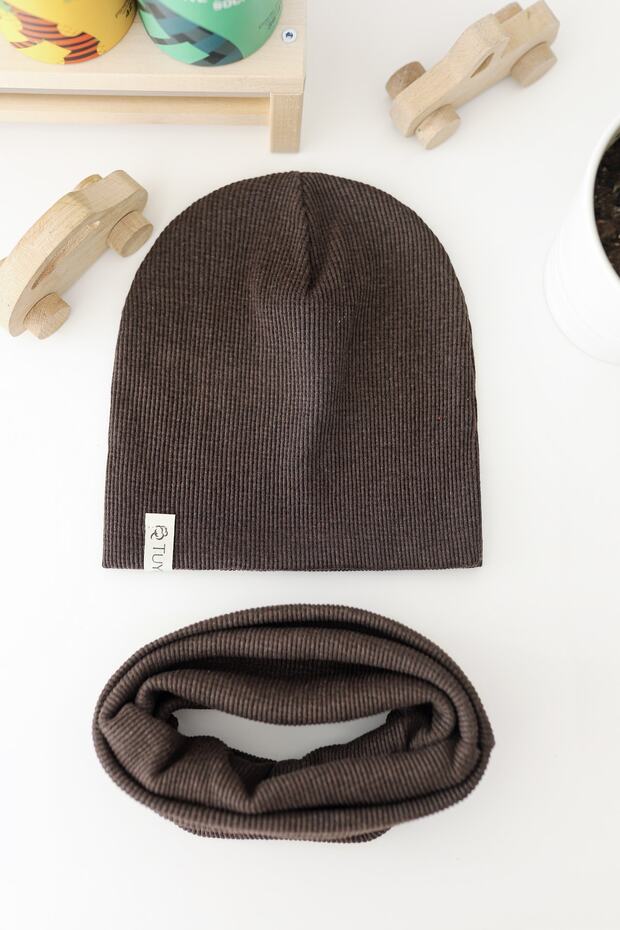 Bitter Brown Ribbed Beanie Neck Collar Set