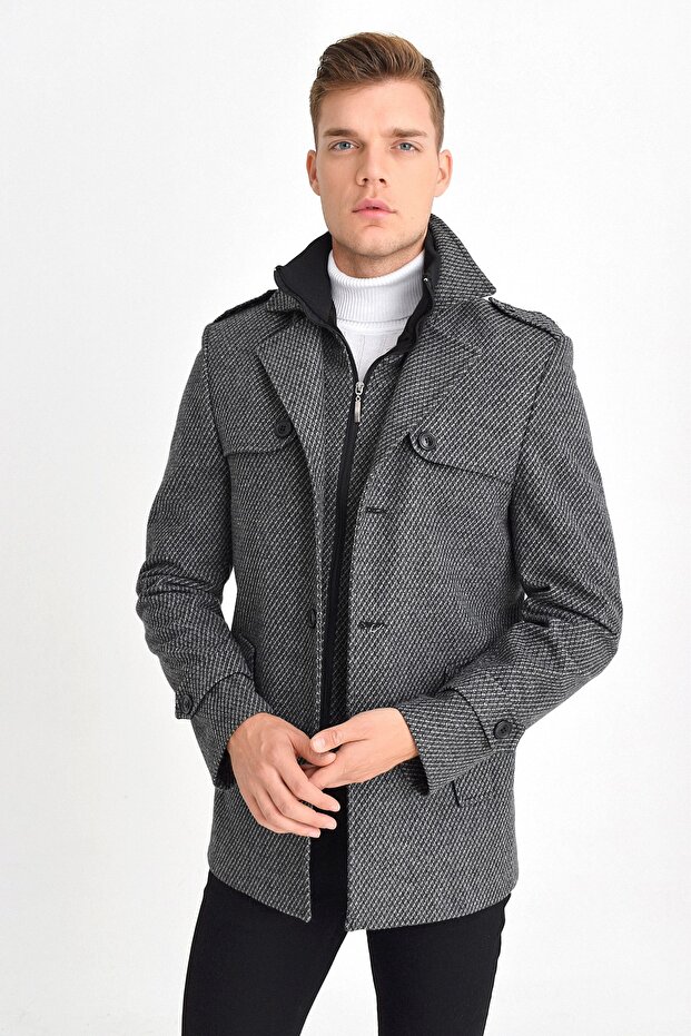 Men's Gray Wool Blended Patterned Stamp Zipper and Button Closure Coat - 1