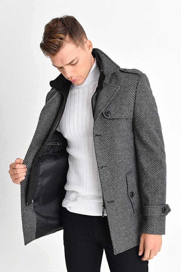 Men's Gray Wool Blended Patterned Stamp Zipper and Button Closure Coat - 3