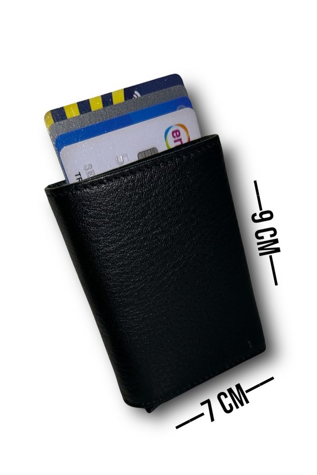 Men's Faux Leather Slide Card Holder Wallet, Aluminum Mechanism, Black Automatic Wallet Drm001