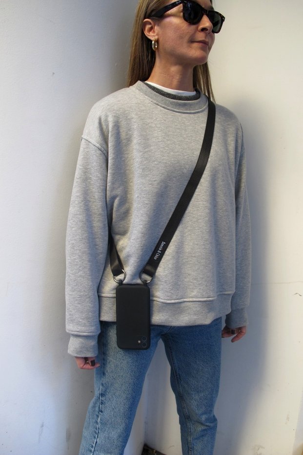 IPhone 12 Compatible Cross-adjustable Smoke Phone Strap (WITH BLACK IPHONE 12 CASE)