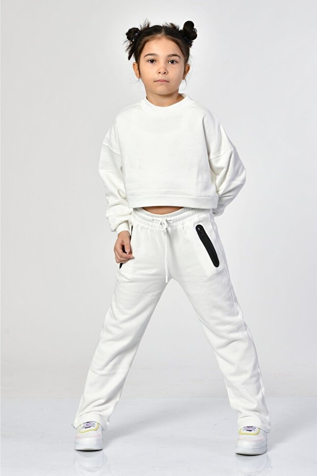 Crew Neck Crop Girl's Sweatshirt - White