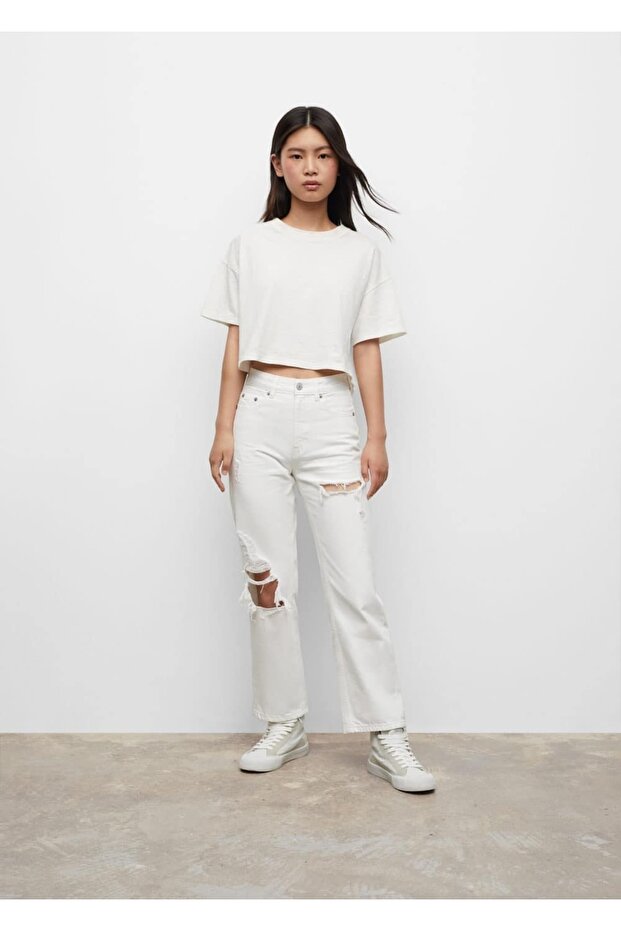 Dekoratif Yırtıklı Düz Kesim Jean - 3