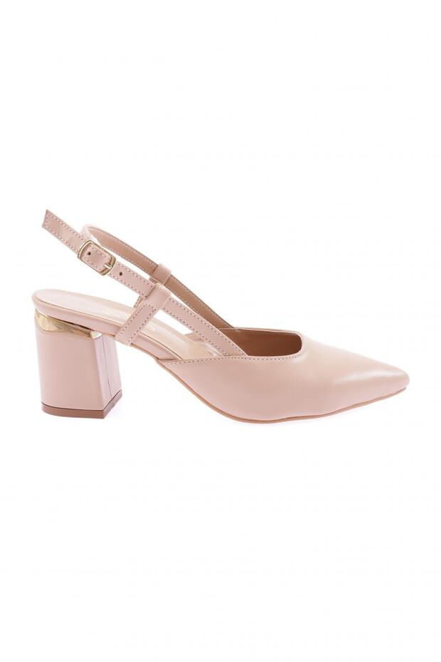 Women's Pointed Toe Open Back Ankle Belt Thick Heeled Shoes Nude 3412534