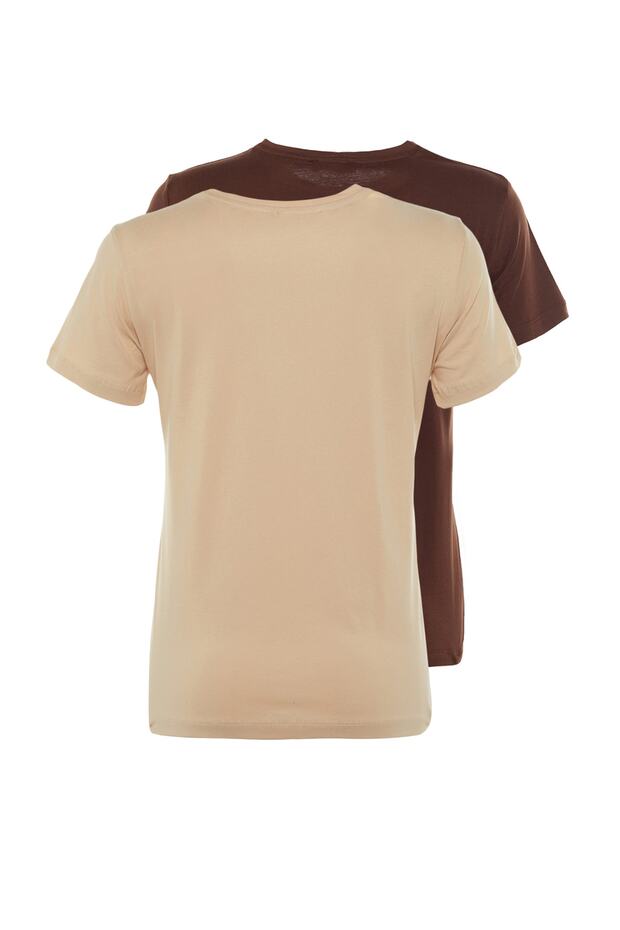 Kahverengi-Bej %100 Pamuk 2'li Paket Basic Bisiklet Yaka Örme T-Shirt TWOSS20TS0141 - 8