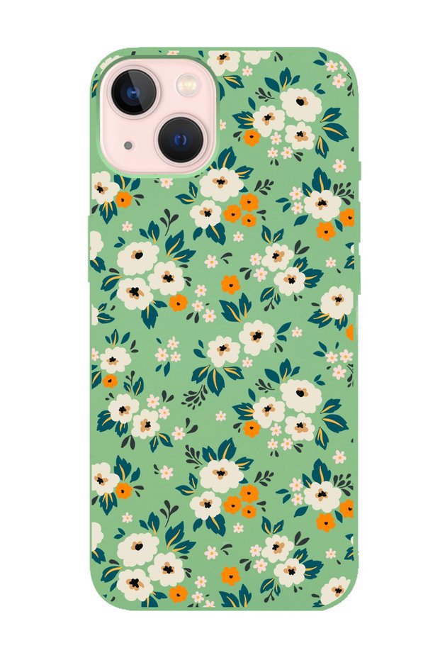 iPhone 14 Plus Green Launch Phone Case with Flower Garden Design