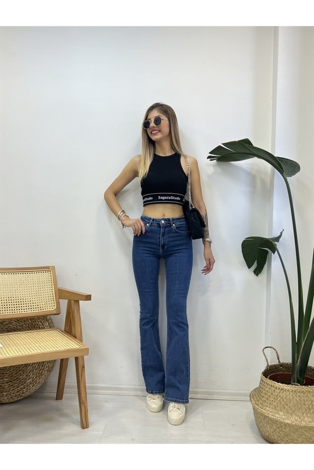 Women's High Waist Dark Blue Flare Leg Jeans Lycra Stretchy Jeans