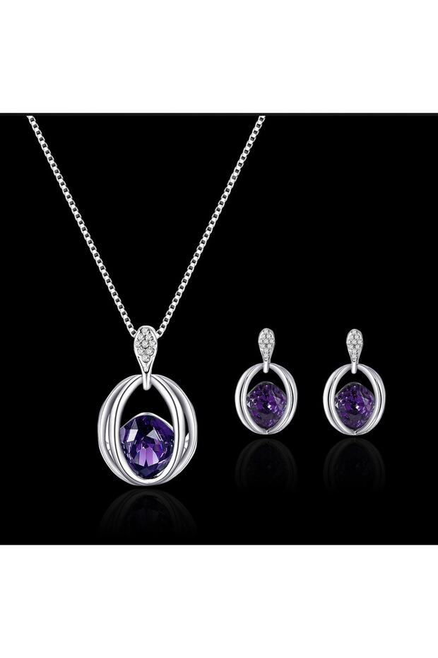 Grape Gümüş Kaplama Kristal Mor Taşlı Sevgililer Günü Hediye Sarkaç Kolye Küpe Takı Seti - 1