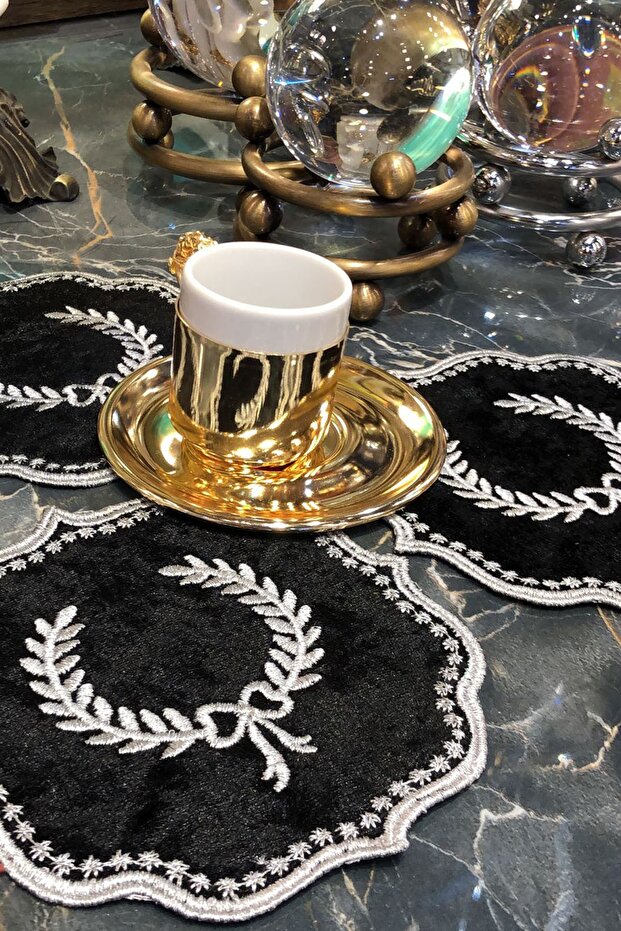 Arma Black Gray 6-Piece Cocktail Coffee Presentation Napkin Maras Work Glaze Embroidery Embroidered Presentation Napkin