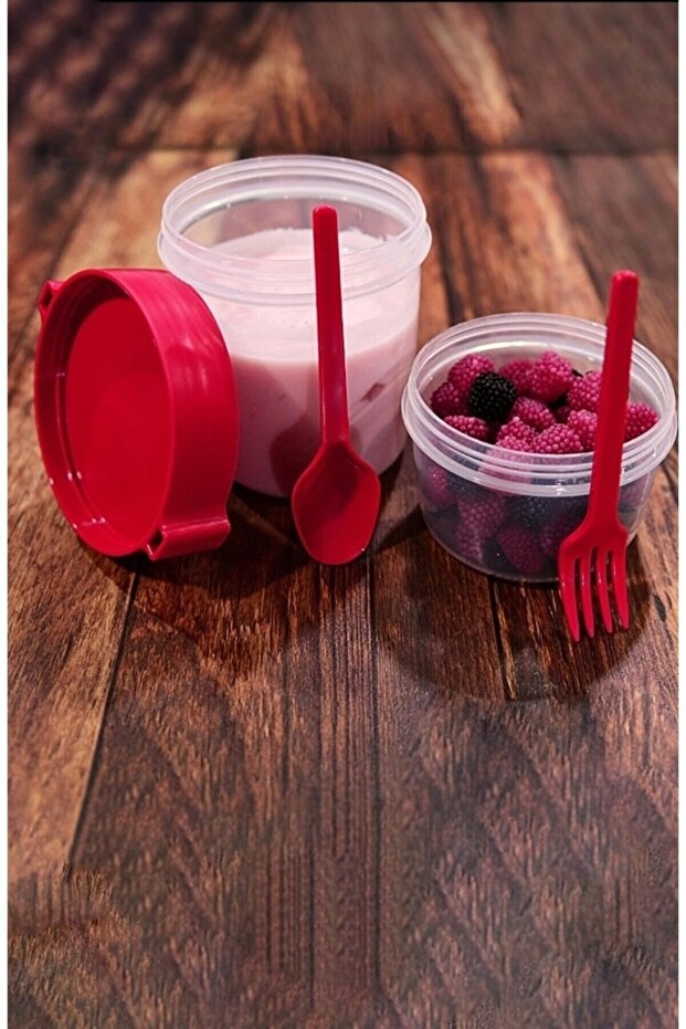 Double Chamber Fork Spoon Muesli Food Carrying Storage Container Red Ap-9453 1100 Ml