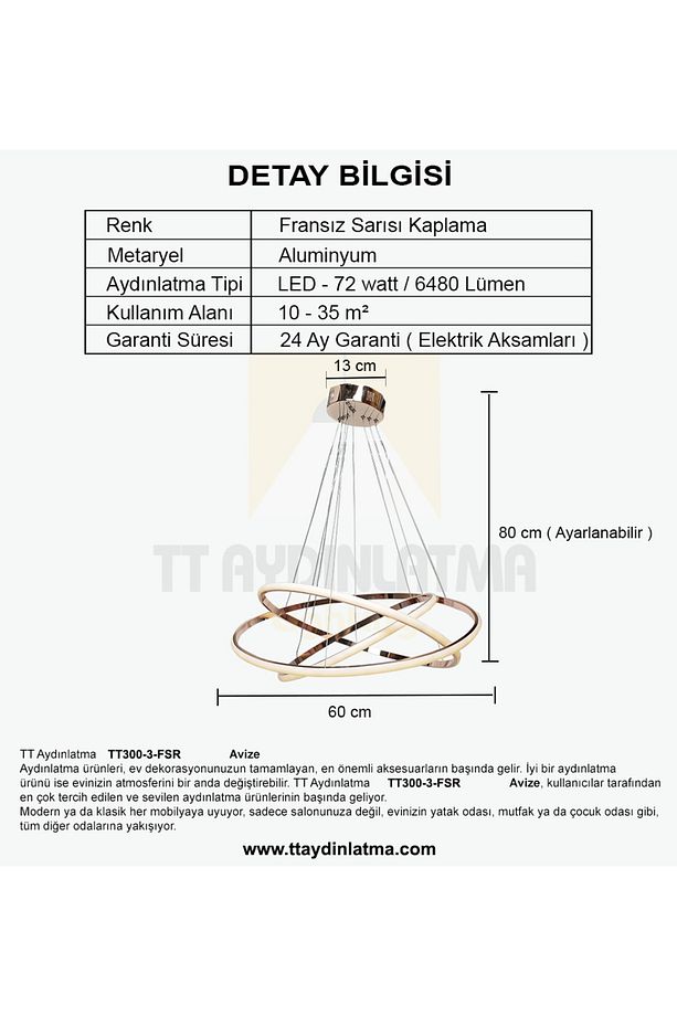 Tt300-3 Fsr Halka 3 Lü Fransız Sarısı Kaplama ( 3 Renk Modüllü ) Led Avize - 5