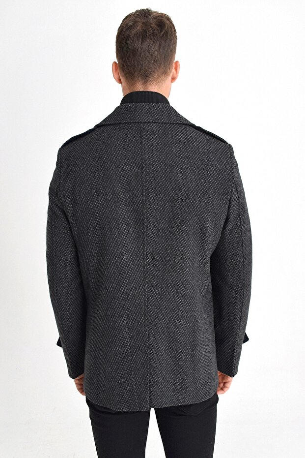 Men's Anthracite Wool Blended Patterned Coat with Zipper and Button Closure - 4