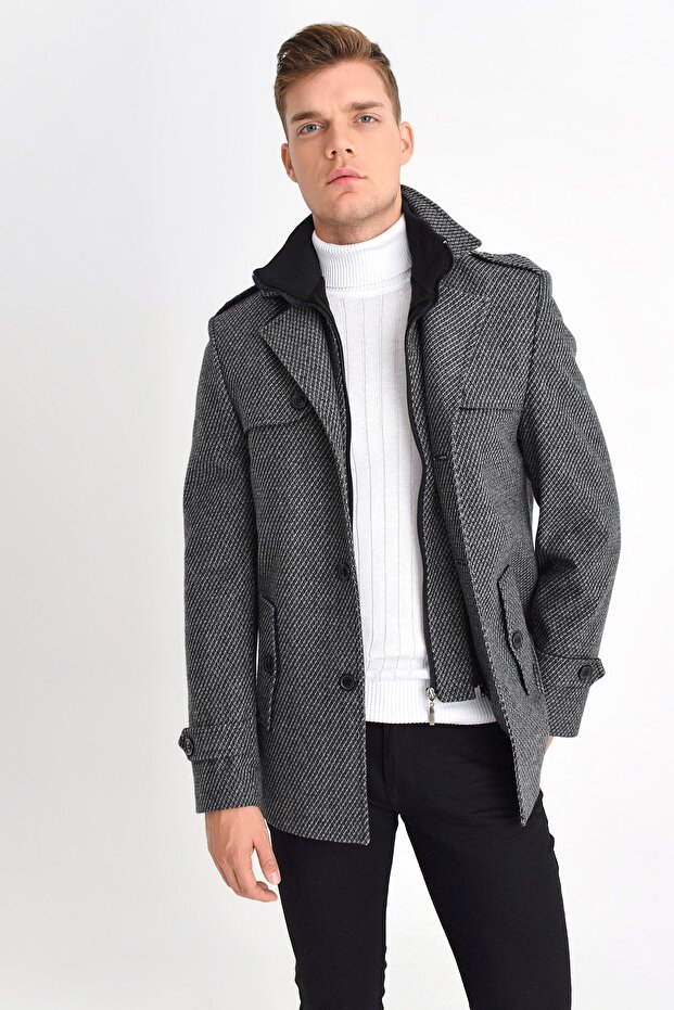 Men's Gray Wool Blended Patterned Stamp Zipper and Button Closure Coat - 2