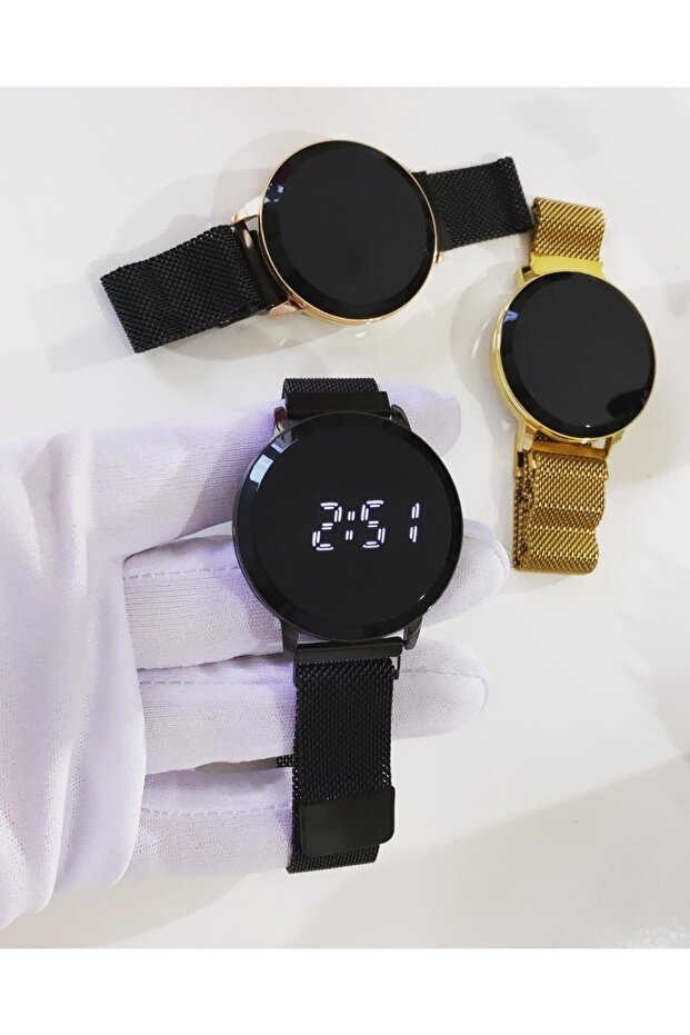 Siyah Hasır Mıknatıslı Kordon Sarı Kasa Dokunmatik Erkek Saati - 2