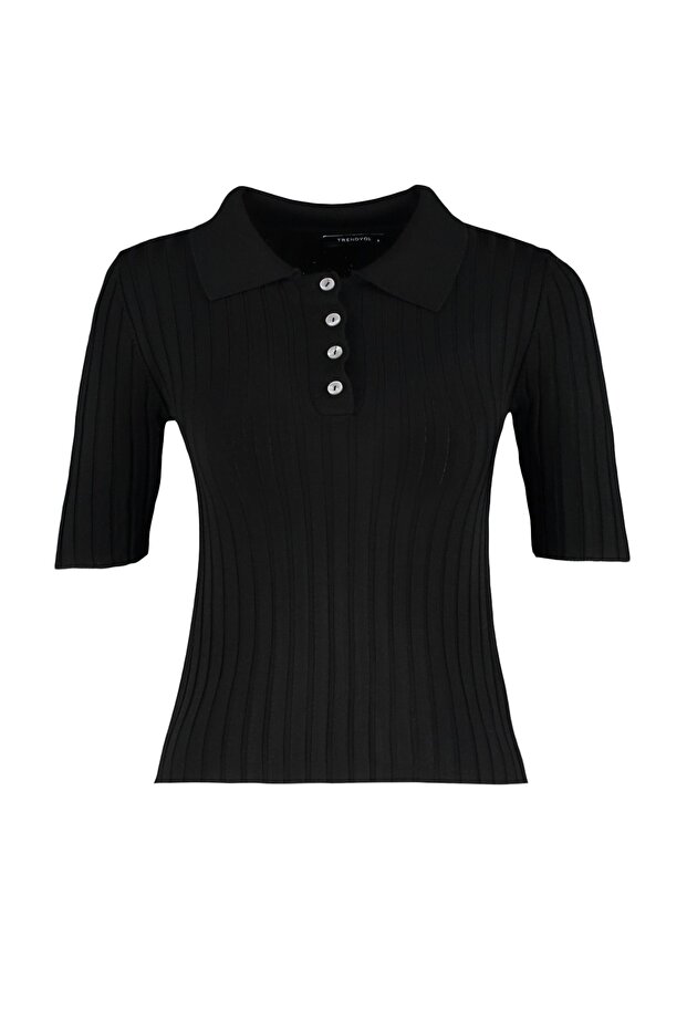 Siyah Basic Polo Yaka T-Shirt Görünümlü İnce Bluz TWOSS20BZ0112 - 8
