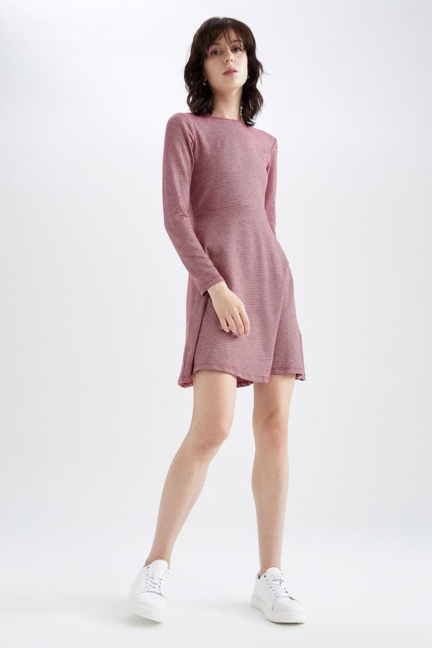 Regular Fit Bisiklet Yaka Kareli Mini Uzun Kollu Elbise - 3