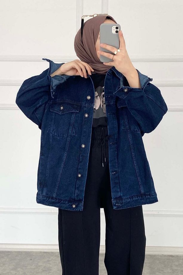 Çift Cepli Oversize Kot Ceket Koyu Mavi - 3