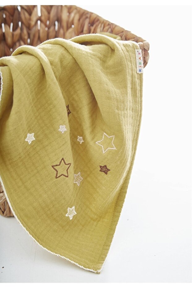 100x100 Star Embroidered 4 Layer Mustard Muslin Blanket