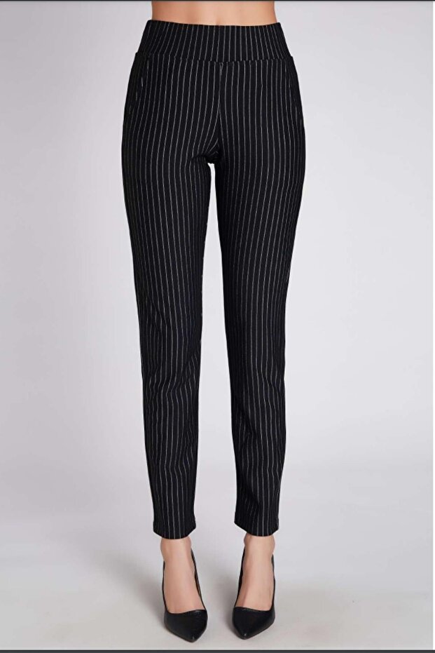 Women's Chantal Striped Black Trousers Leggings