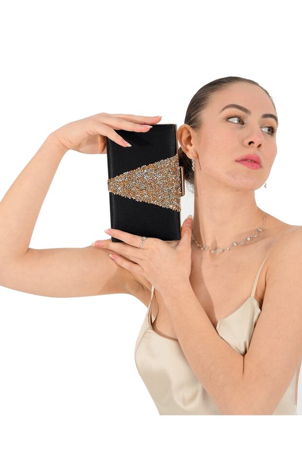 Special Design Black Satin Gold Stone Evening Bag Evening Bag Engagement Wedding Bag