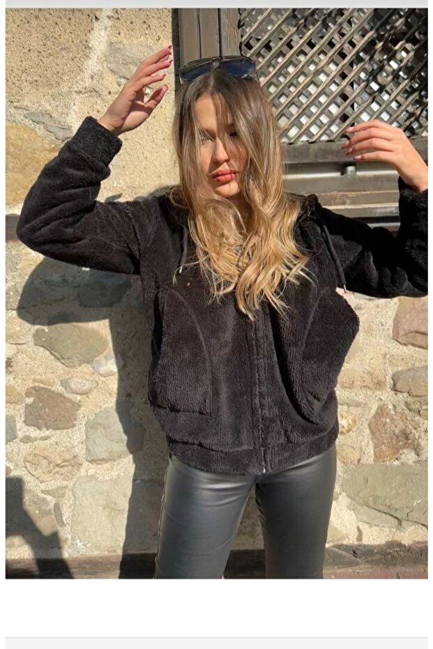 Hooded Plush Cardigan with Zipper Pockets