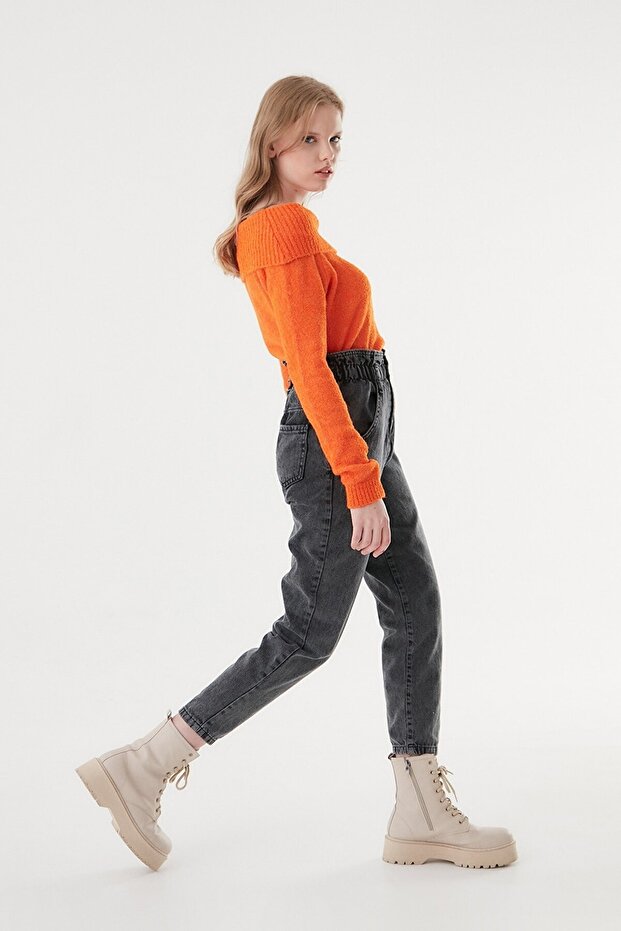 A145139 Washable Elastic Waist Mom Jeans Anthracite High Waist Drawstring Jeans