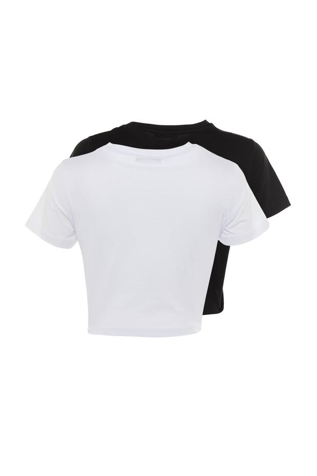 Siyah-Beyaz 2'li Paket %100 Pamuk Crop Bisiklet Yaka Örme T-Shirt TWOSS20TS1480 - 8