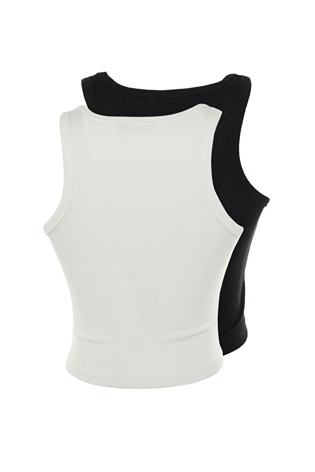 Siyah-Beyaz 2'li Paket Fitted/Vücuda Oturan Crop Halter Yaka Fitilli Esnek Örme Atlet TWOSS21AL0058 - 8
