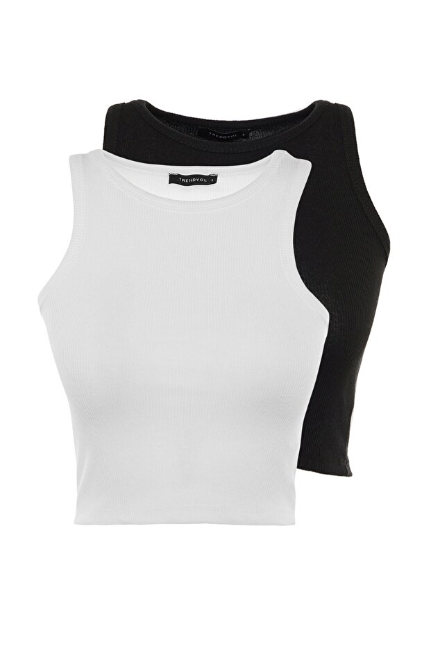Siyah-Beyaz 2'li Paket Fitted/Vücuda Oturan Crop Halter Yaka Fitilli Esnek Örme Atlet TWOSS21AL0058 - 7
