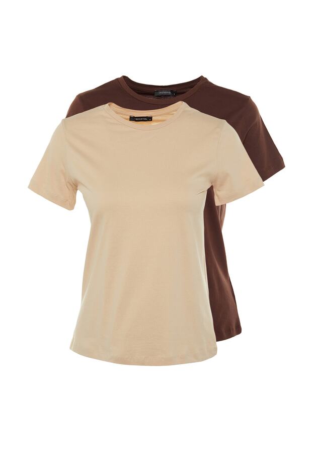 Kahverengi-Bej %100 Pamuk 2'li Paket Basic Bisiklet Yaka Örme T-Shirt TWOSS20TS0141 - 7