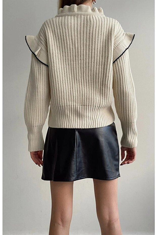 Pullover mit Schleife für Damen – Rüschen Ecru - 4