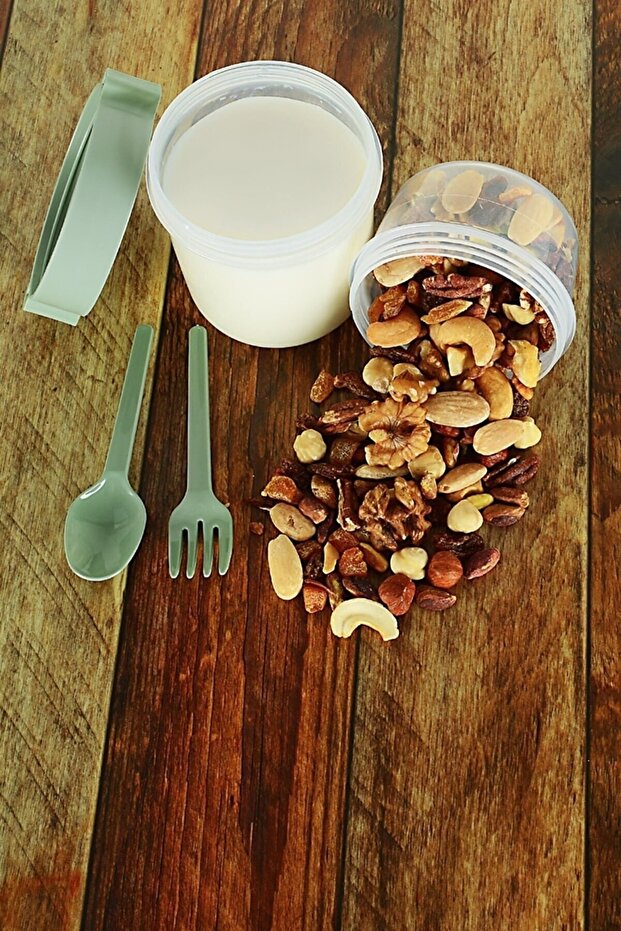 Double Chamber Muesli Oat Food Snack Storage Container with Fork and Spoon Green Ap-9453 1100 Ml