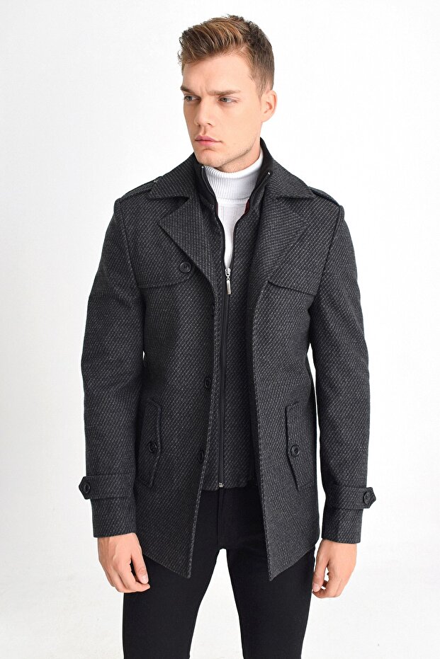 Men's Anthracite Wool Blended Patterned Coat with Zipper and Button Closure - 1