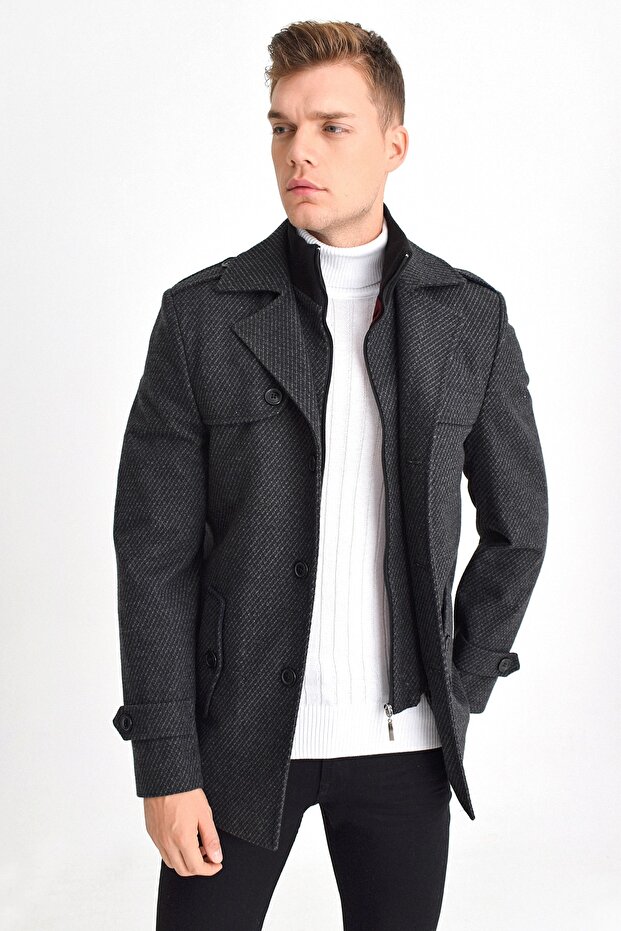 Men's Anthracite Wool Blended Patterned Coat with Zipper and Button Closure - 2