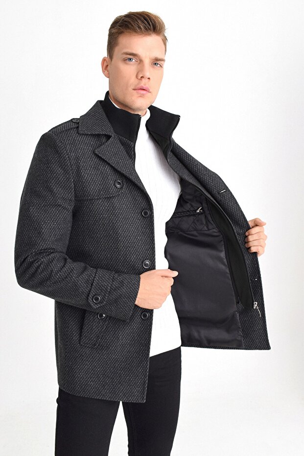 Men's Anthracite Wool Blended Patterned Coat with Zipper and Button Closure - 3