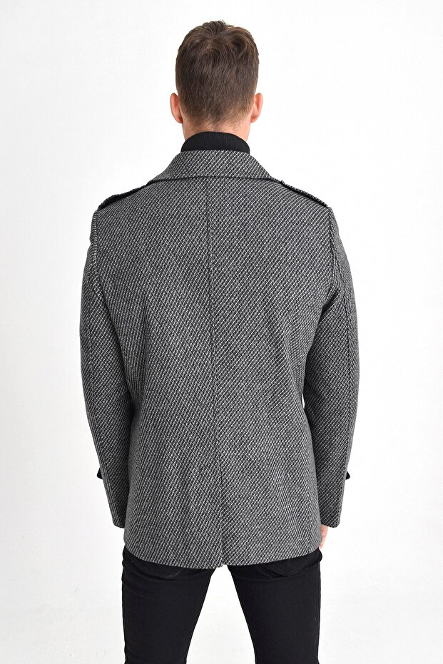 Men's Gray Wool Blended Patterned Stamp Zipper and Button Closure Coat - 4