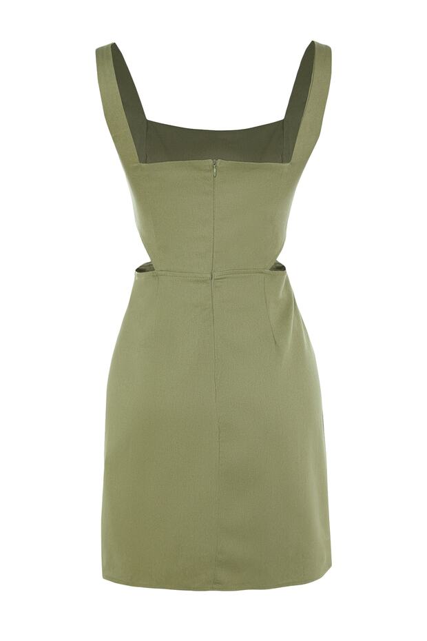 Khaki A-Line Mini Bawełniana Sukienka z Niskim Dekoltem Kwadratowym, Podszewką Tkaninową TWOSS23EL00596 - 8