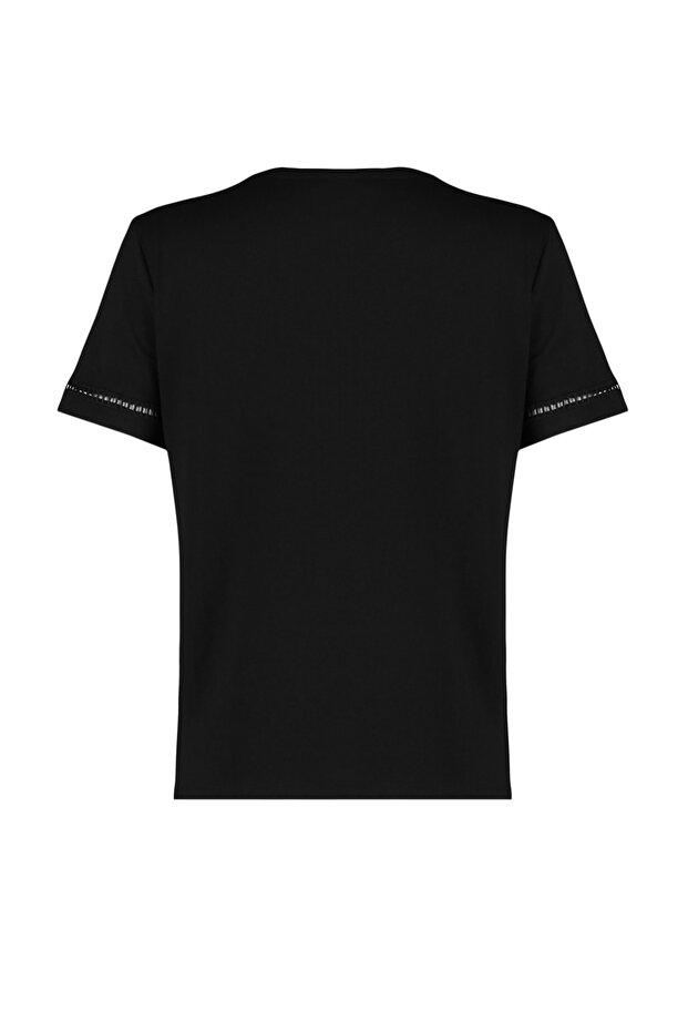 Siyah %100 Pamuk İşleme Detaylı Basic Bisiklet Yaka Örme T-Shirt TWOSS23TS00012 - 8